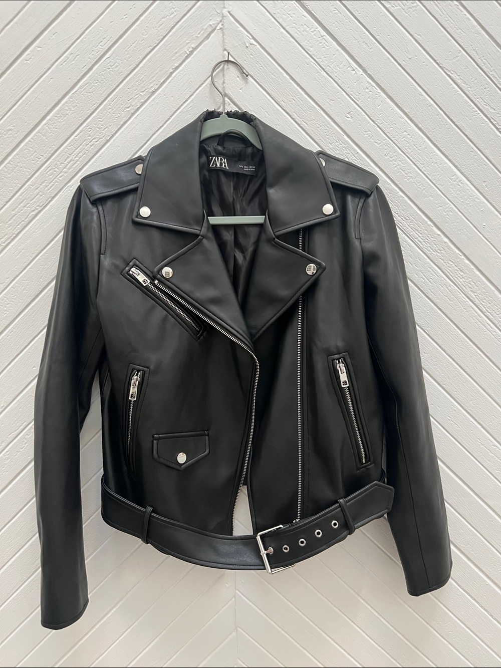 Zara Black Faux Leather Moto Jacket with Belted Hem